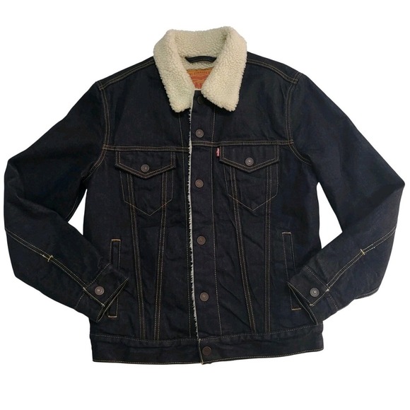 Levi's Denim Trucker Jacket Sherpa Collar Lined Dark Wash Size S - Picture 2 of 9